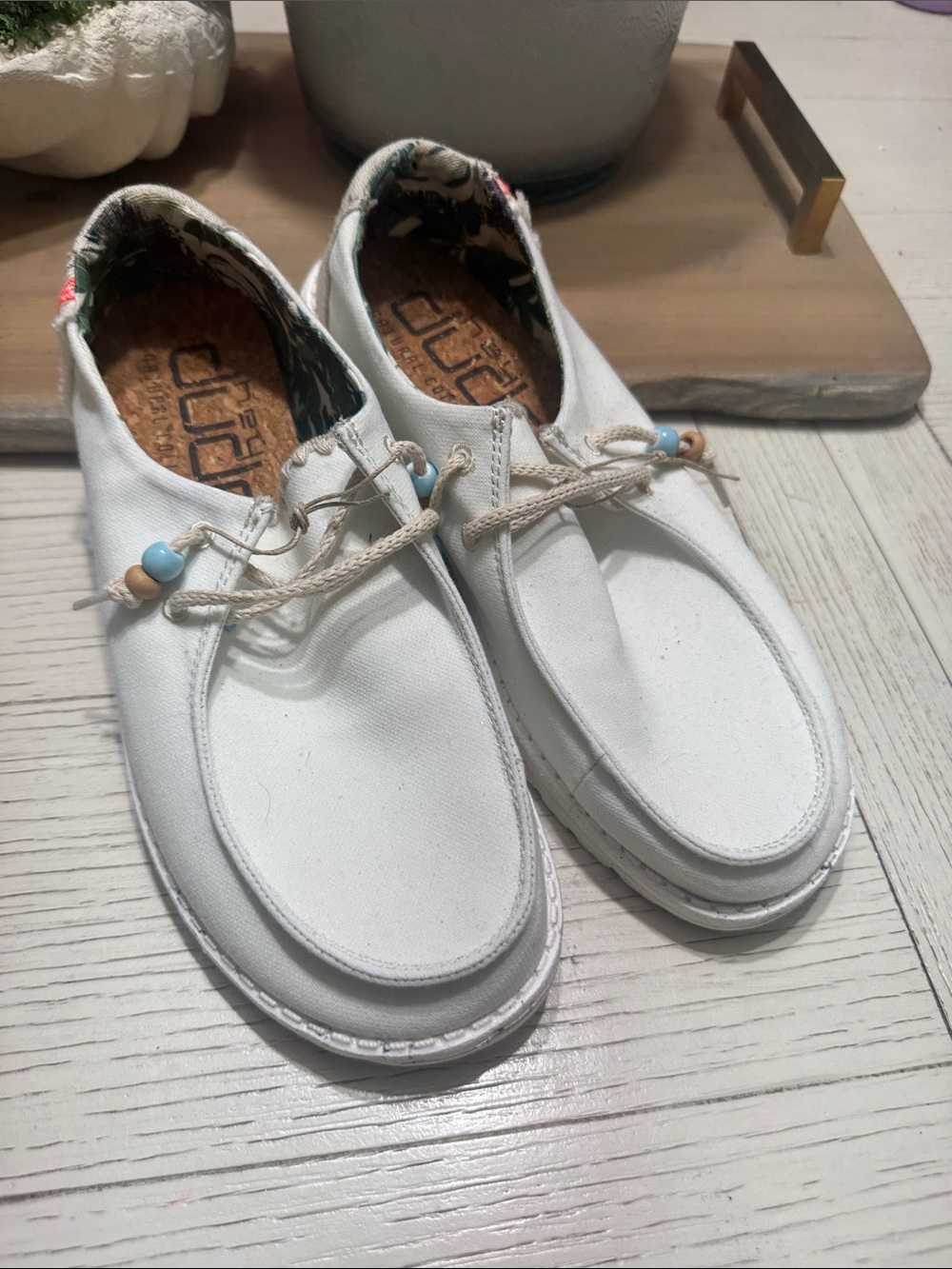 Hey Dude White Canvas Slip-On Shoes with Bead Accents